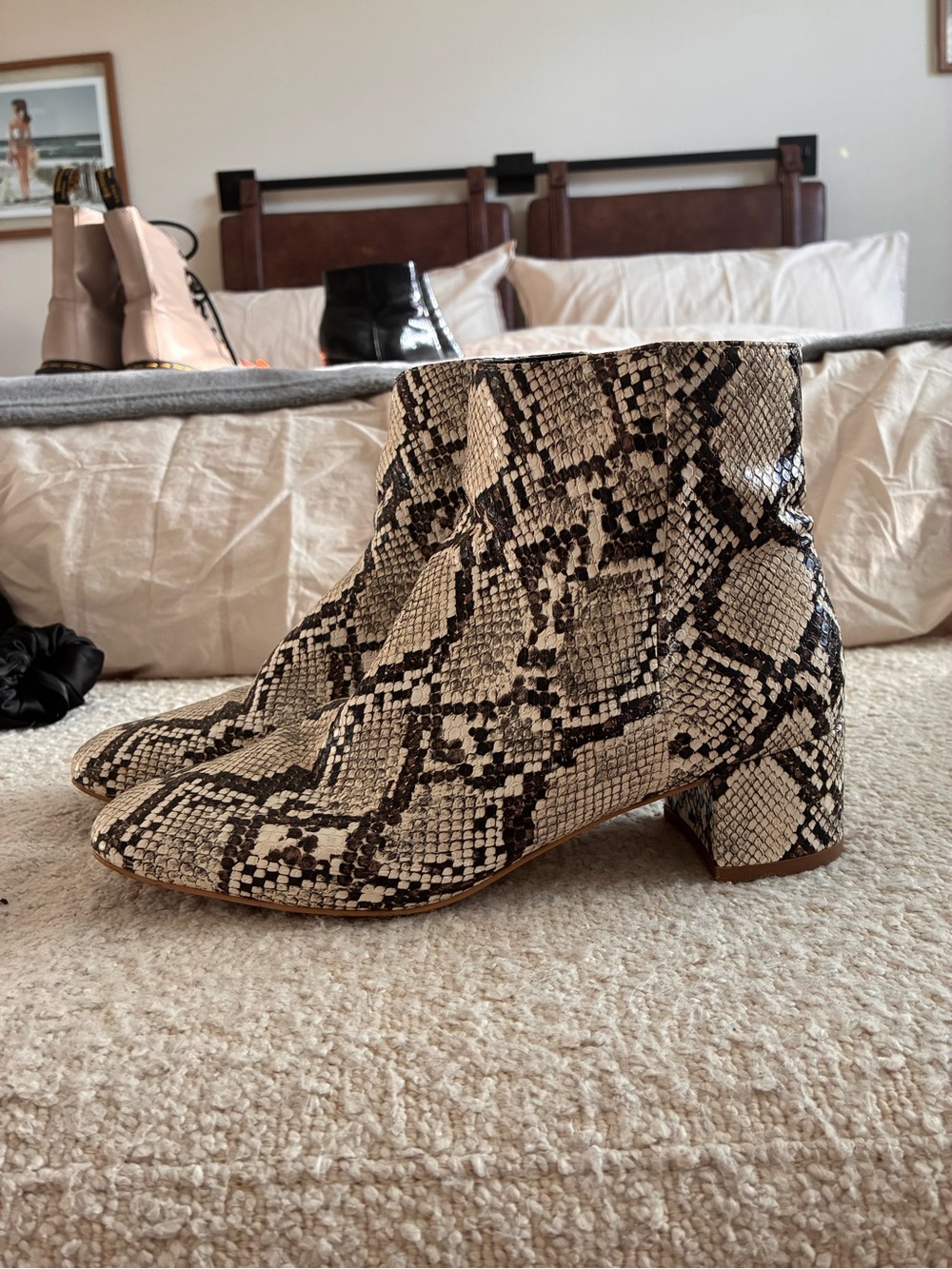 Urban Outfitters Cream and Black Snakeskin Ankle Boots